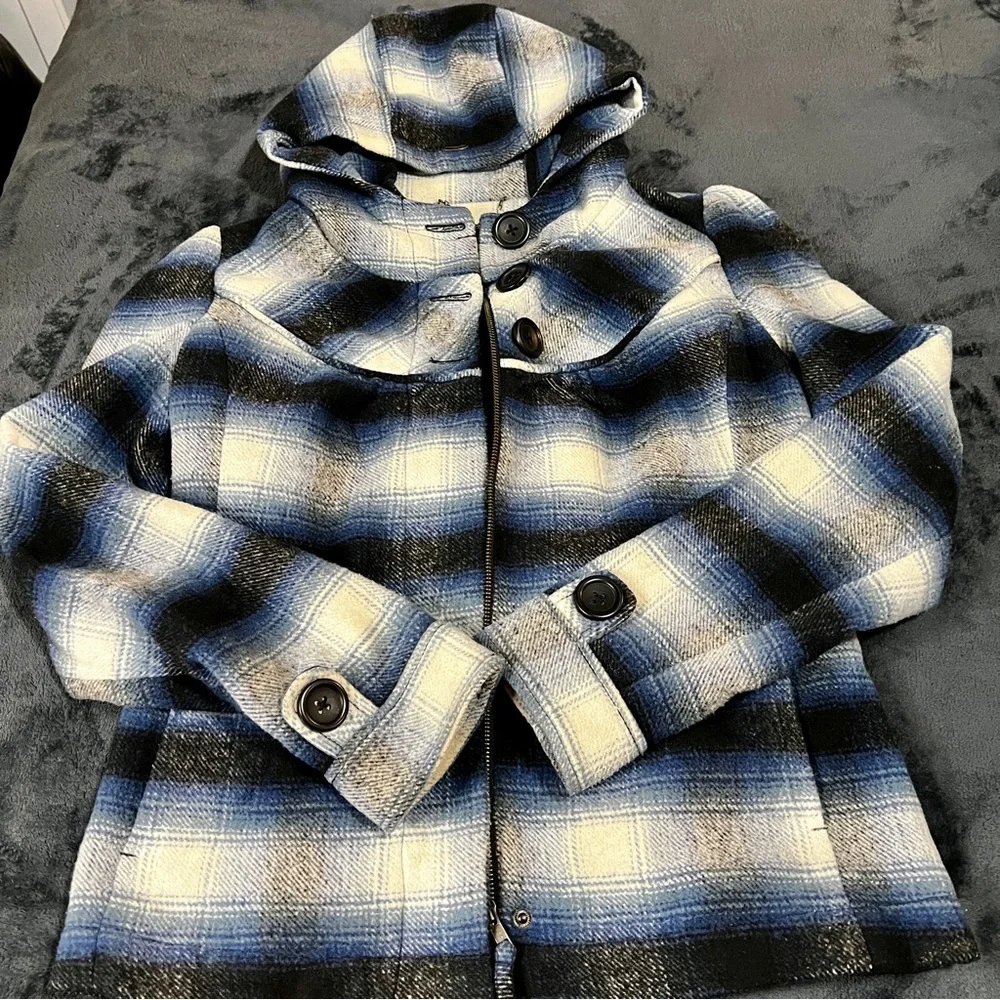 Mavi Wms Y2K Plaid Flannel Wool Blend Hooded Mock Neck‎ Preppy Casual Jacket S